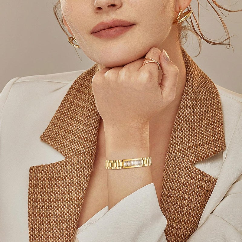 MPRAINBOW 2pcs 18K Gold Plated Chain Link Bracelet, Stainless Steel Crystal Friendship Bracelets Bangle,Watch Band Chains Wristband Jewelry with Adjust Tool - Image 3